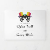 Twee schedel roept kleurrijke confetti homobruilof drieluik uitnodiging (Cover)