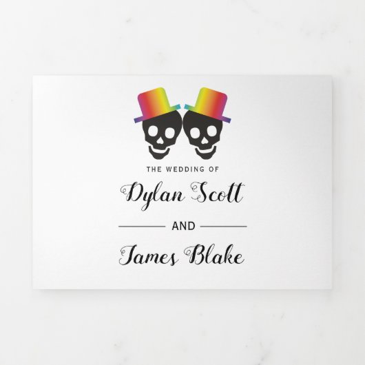Twee schedel roept kleurrijke confetti homobruilof drieluik uitnodiging (Cover)