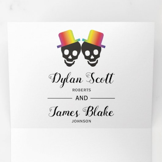 Twee schedel roept kleurrijke confetti homobruilof drieluik uitnodiging (Binnenzijde eerst)