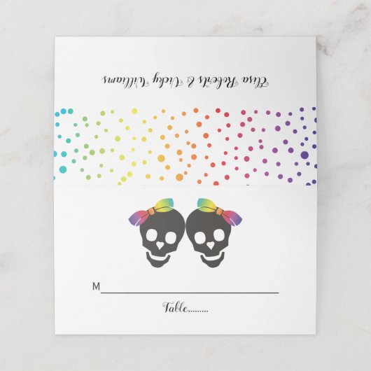 Twee schedelbriden en een confetti lesbische bruil plaatskaartje (Buitenkant ongevouwen)