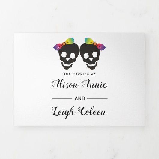 Twee schedelbries kleurrijke confetti lesbische br drieluik uitnodiging (Cover)
