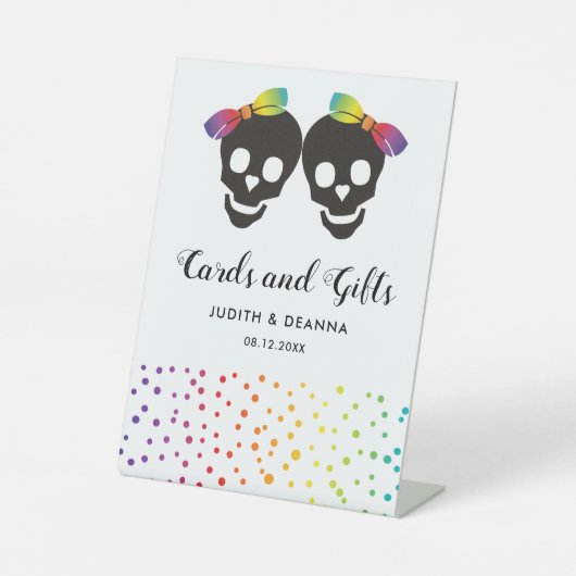 Twee schedelbries kleurrijke confetti lesbische br reclamebord met voetstuk (Voorkant)