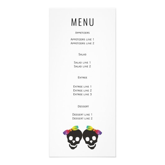 Twee schedelbruidjes, bogen-lesbische bruiloft-men reclamekaart (Achterkant)