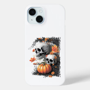 Twee schedels en een pompoen tussen de bloemen. iPhone 15 case