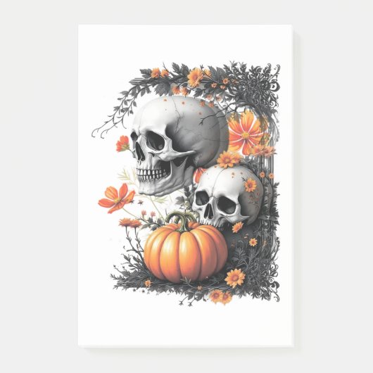 Twee schedels en een pompoen tussen de bloemen. post-it® notes (Voorkant)