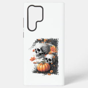 Twee schedels en een pompoen tussen de bloemen. samsung galaxy hoesje