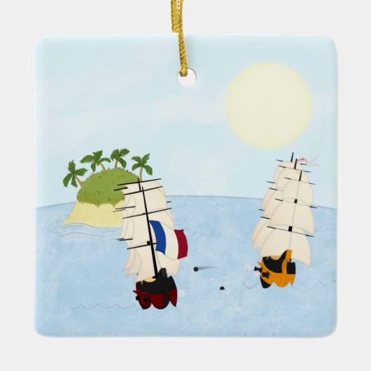 Twee schepen in strijd bij tropisch eiland keramisch ornament (Voorkant)