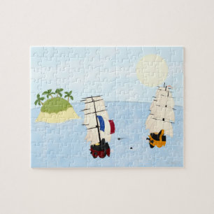 Twee schepen in strijd bij tropisch eiland legpuzzel