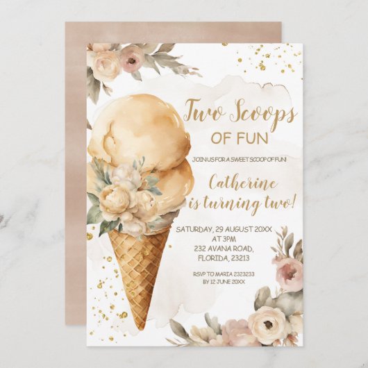 Twee schepjes plezier Beige Bloemen 2e Verjaardags Kaart (Voorkant / Achterkant)