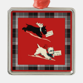 Twee Schotse honden, zwarte en witte Schotse Terri Metalen Ornament