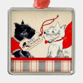 Twee Schotse honden, zwarte en witte Schotse Terri Metalen Ornament