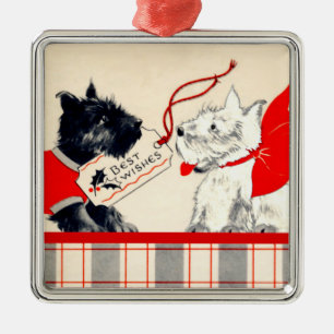 Twee Schotse honden, zwarte en witte Schotse Terri Metalen Ornament