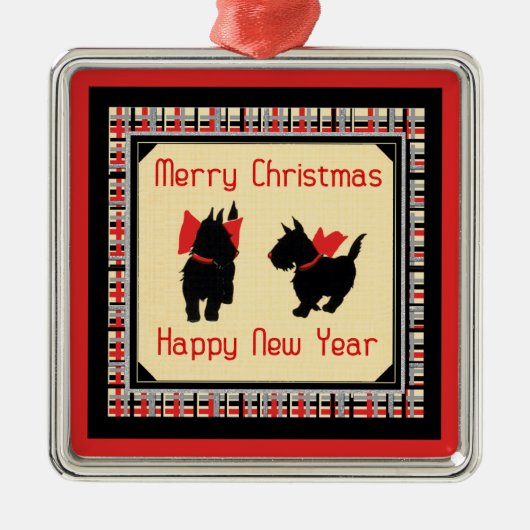 Twee Scottie Dog, Scottish Terrier Merry Kerstmis Metalen Ornament (Voorkant)
