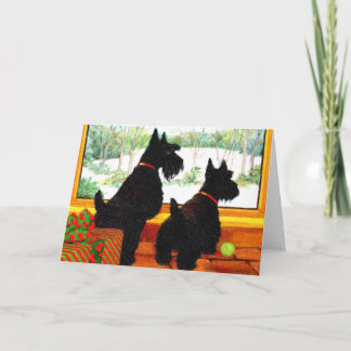 Twee Scottie Dogs die wachten op de kerstman Feestdagen Kaart