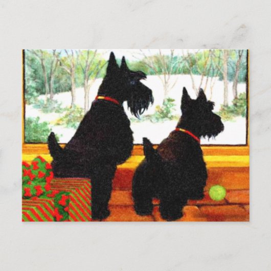 Twee Scottie Dogs die wachten op de kerstman Feestdagenkaart (Voorkant)