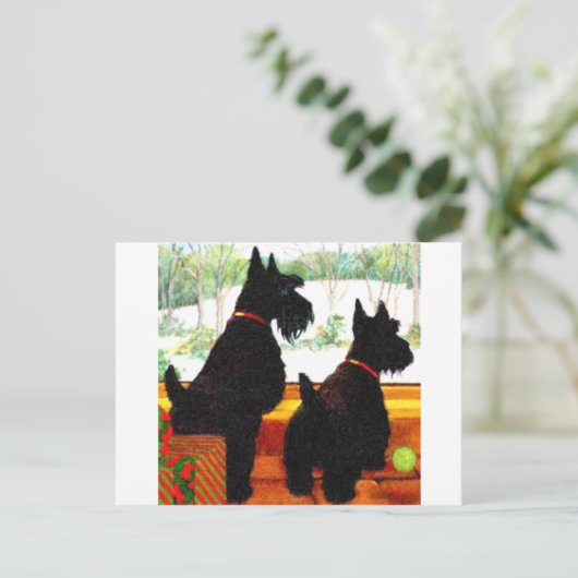 Twee Scottie honden met Kerstmis Feestdagenkaart (Staand voorkant)