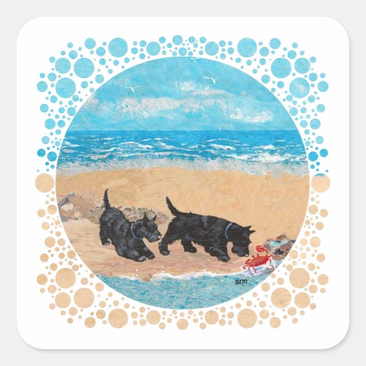 Twee Scotties op het strand Vierkante Sticker (Voorkant)