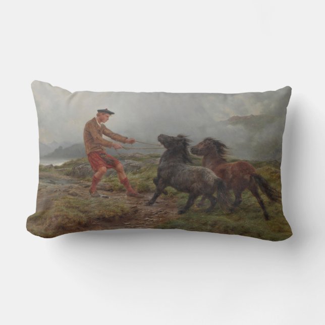 Twee Shetland pony's in een mistig hoogland landsc Kussen (Voorkant)