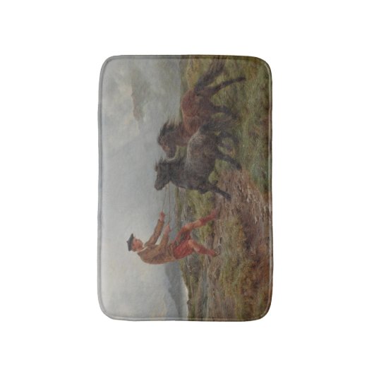 Twee Shetland pony's in een mistig Schots landscha Badmat (Voorkant Verticaal)