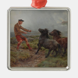 Twee Shetland pony's in een mistig Schots landscha Metalen Ornament
