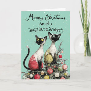 Twee Siamese katten op Kerstboom Kerstkaart Kaart