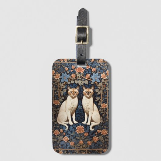 Twee Siamese katten William Morris geïnspireerd Bagagelabel (Voorkant (verticaal))