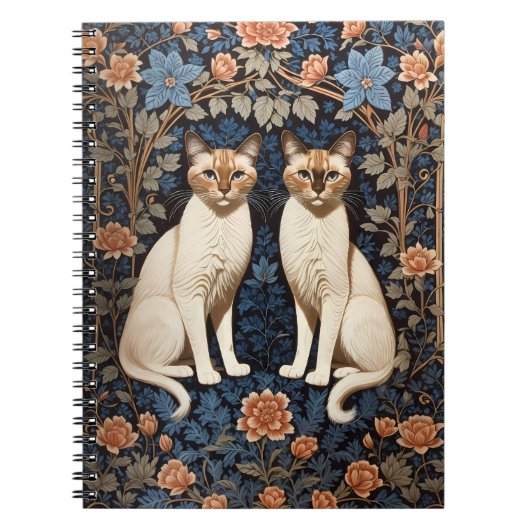 Twee Siamese katten William Morris geïnspireerd Notitieboek (Voorkant)