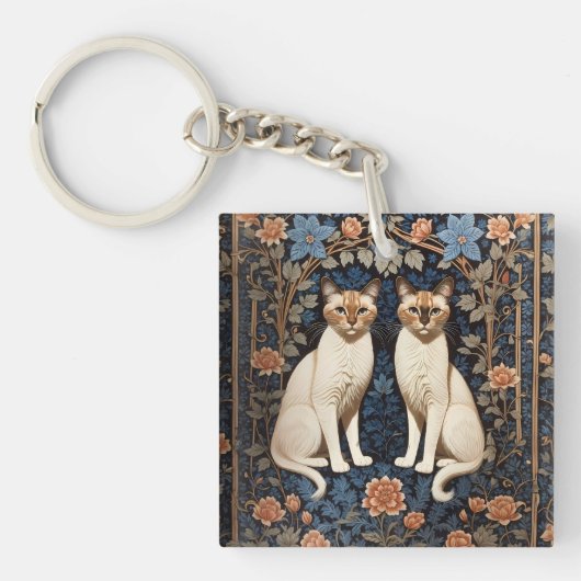 Twee Siamese katten William Morris geïnspireerd Sleutelhanger (Voorkant)