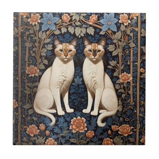 Twee Siamese katten William Morris geïnspireerd Tegeltje (Voorkant)