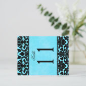 Twee Sided Blue en Black Damask Table Number Briefkaart (Staand voorkant)