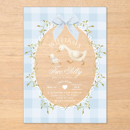 Twee Silly Goose Blauwe Gingham 2e Verjaardag Acryl Uitnodigingen
