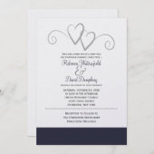 Twee 'Silver' en 'Navy Blue Hearts Wedding' Kaart (Voorkant / Achterkant)