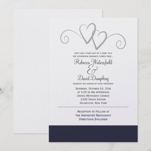 Twee 'Silver' en 'Navy Blue Hearts Wedding' Kaart (Voorkant / Achterkant)