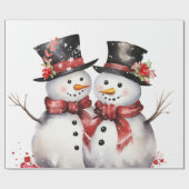 Twee Sneeuwman In Top hoeden en Rode Sjaals Cadeaupapier (Vlak)