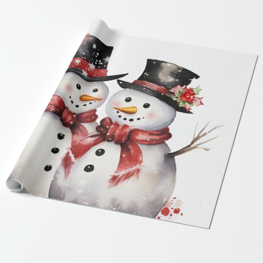 Twee Sneeuwman In Top hoeden en Rode Sjaals Cadeaupapier (Uitgerold)