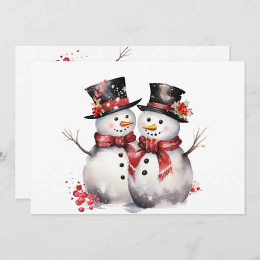 Twee Sneeuwman In Top hoeden en Rode Sjaals Feestdagenkaart (Voorkant / Achterkant)
