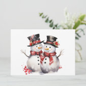 Twee Sneeuwman In Top hoeden en Rode Sjaals Feestdagenkaart (Staand voorkant)