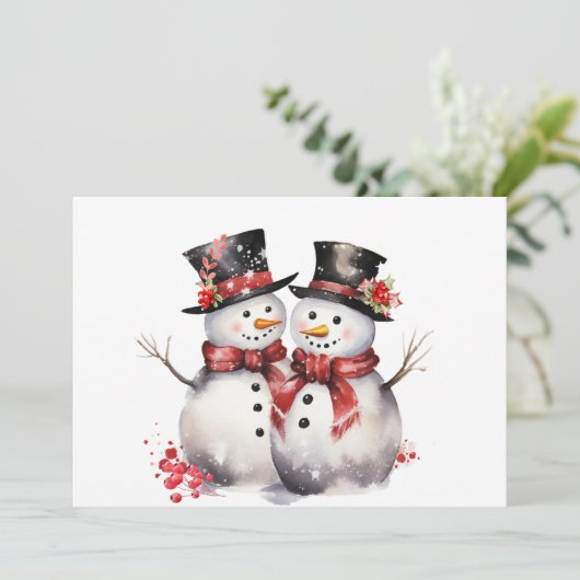 Twee Sneeuwman In Top hoeden en Rode Sjaals Feestdagenkaart (Staand voorkant)