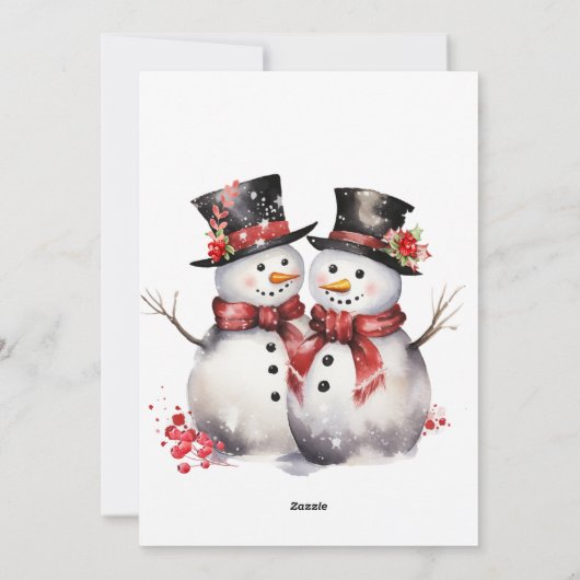 Twee Sneeuwman In Top hoeden en Rode Sjaals Feestdagenkaart (Achterkant)