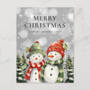 Twee Sneeuwmannen Prettig Kerstmis Kerstdkaart Feestdagenkaart
