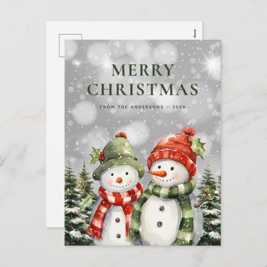 Twee sneeuwpoppen vrolijk kerstfeest feestdagenkaart (Voorkant / Achterkant)