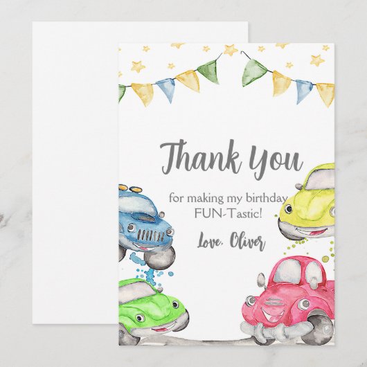 Twee Snel 2e Verjaardagsraceauto Bedankkaart (Voorkant / Achterkant)