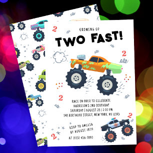 Twee Snel Kleurrijke Monstertruck 2e Verjaardag Kaart