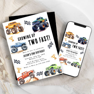 Twee Snel Monster Trucks 2e Verjaardagsfeestje Kaart