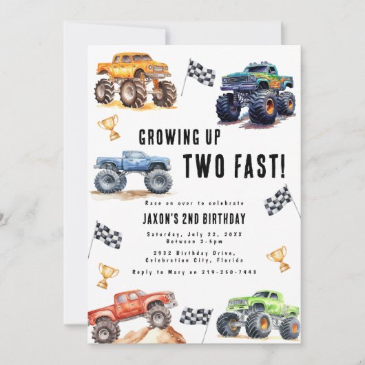 Twee Snel Monstertrucks 2e Verjaardagsfeestje Kaart (Voorkant)