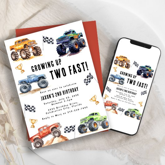 Twee Snel Monstertrucks 2e Verjaardagsfeestje Kaart