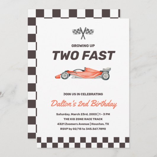 Twee Snel Race Car 2nd Boy's Birthday Party Kaart (Voorkant / Achterkant)