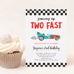 Twee Snel Race Car Boy 2e verjaardag Kaart<br><div class="desc">Cute race kind tweede verjaardagspakje met illustratie van een blauwe vintage wagen met vlammen. In de tekst staat: "Twee keer snel opgroeien."</div>