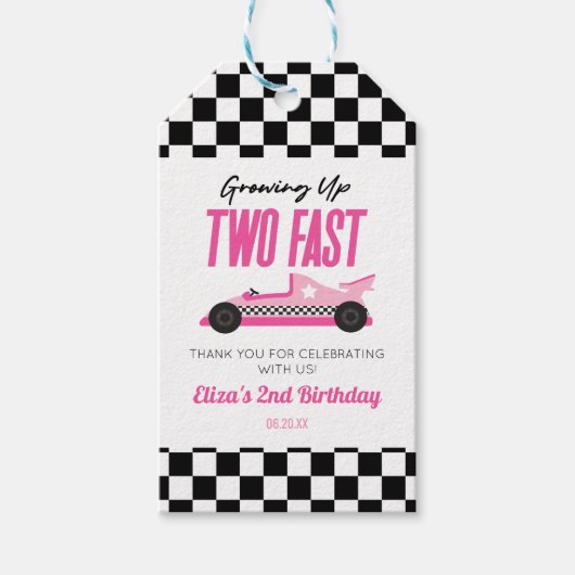 Twee Snel Roze Race Auto 2de Verjaardagsfeestje Cadeaulabel (Voorkant)