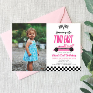 Twee Snel Roze Race Auto 2de Verjaardagsfeestje Kaart